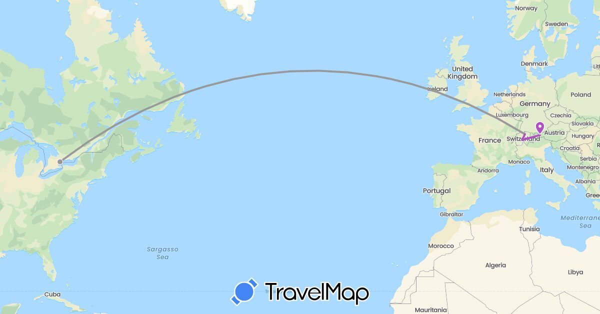 TravelMap itinerary: driving, plane, train in Austria, Canada, Switzerland (Europe, North America)